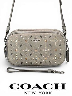 COACH Prairie Rivets Suede & Pebble Leather Crossbody/Wristlet in Heather Grey